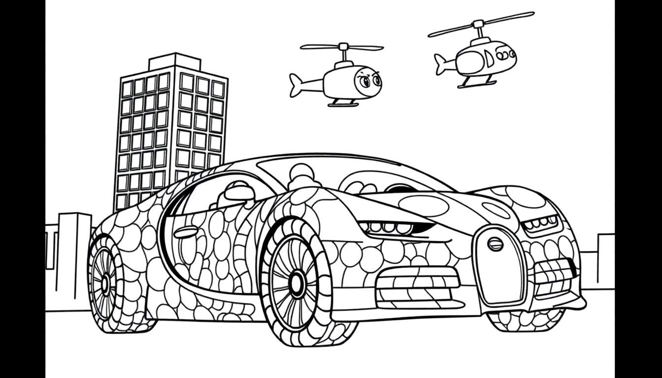 Página para colorear con un coche deportivo redondo, dos helicópteros y un edificio alto.