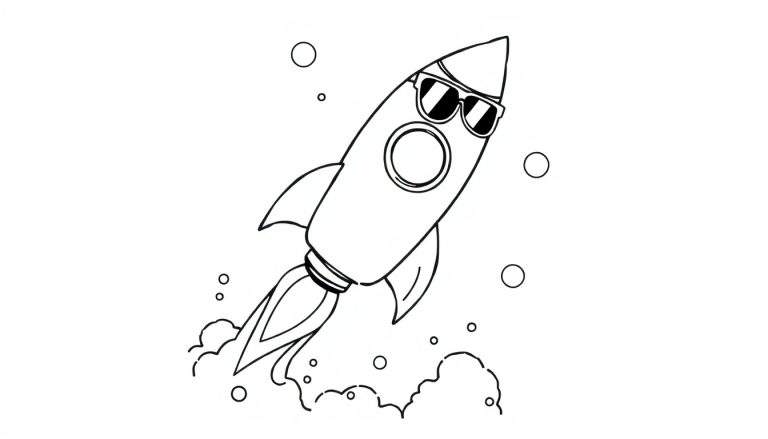 Dibujo a blanco y negro de un cohete de dibujos animados despegando, con gafas de sol puestas y emitiendo fuego y humo. Pequeños círculos esparcidos como estrellas o burbujas.