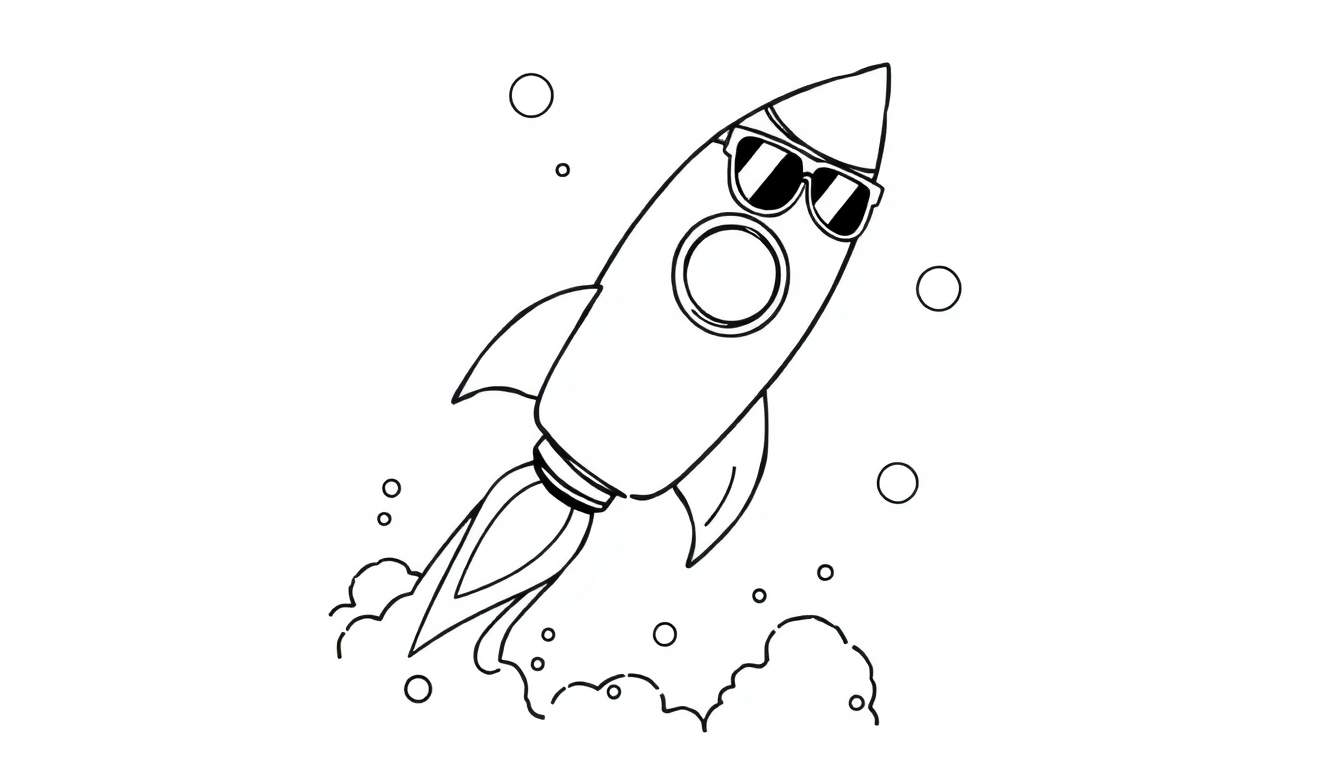 Dibujo a blanco y negro de un cohete de dibujos animados despegando, con gafas de sol puestas y emitiendo fuego y humo. Pequeños círculos esparcidos como estrellas o burbujas.
