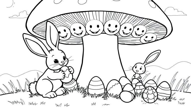 Página para colorear de Pascua con dos conejitos, uno sosteniendo un huevo decorado y otro asomándose detrás de huevos de Pascua, junto a un hongo con caritas sonrientes.