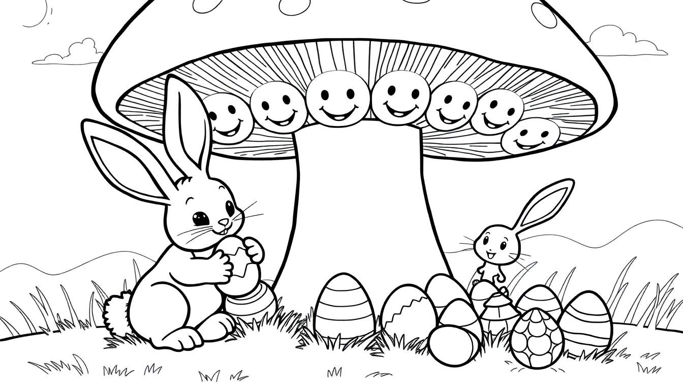 Página para colorear de Pascua con dos conejitos, uno sosteniendo un huevo decorado y otro asomándose detrás de huevos de Pascua, junto a un hongo con caritas sonrientes.