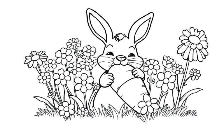 Dibujo lineal a blanco y negro de un conejo comiendo una zanahoria, con flores y hierba alrededor, listo para colorear.