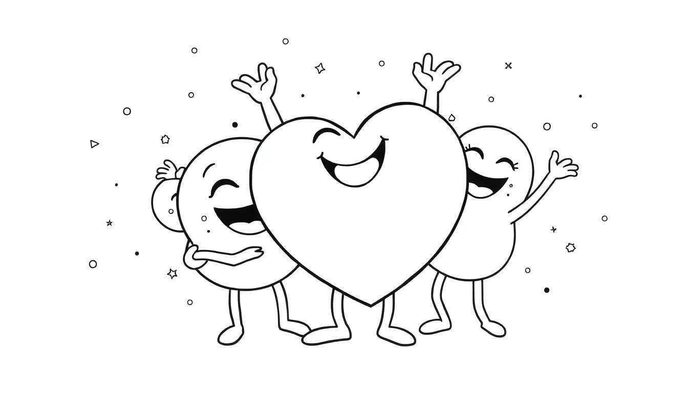 Página para colorear con un corazón sonriente rodeado de dos caritas redondas felices celebrando.