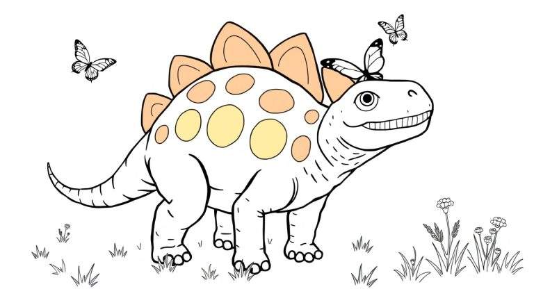 Dibujo para colorear de un dinosaurio Stegosaurus amigable con lunares naranjas y amarillos, con dos mariposas revoloteando cerca y plantas en la base.