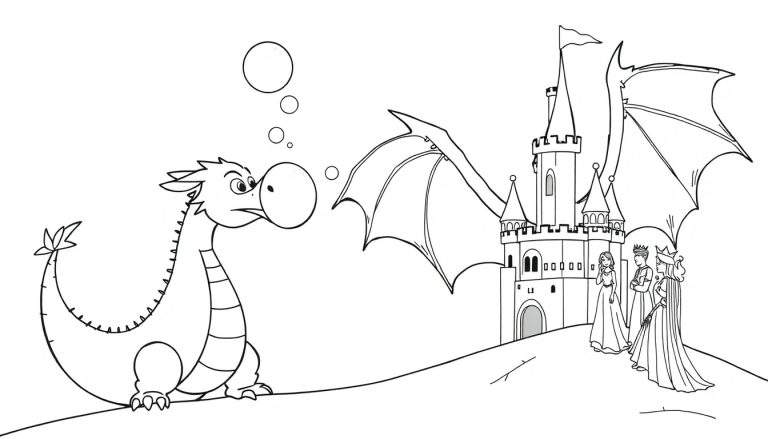 Dibujo lineal en blanco y negro de un dragón escupiendo burbujas, un castillo con un dragón alado encima, y tres personas vestidas de realeza en una ladera.