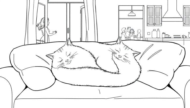 Dibujo lineal para colorear de un sofá con dos gatos durmiendo, una mujer entrando por una puerta a la izquierda y una familia saludando en otra habitación a la derecha, con una cocina al fondo.