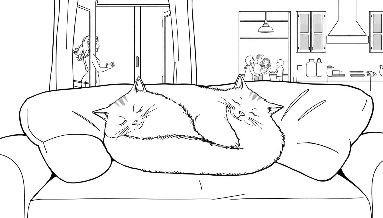 Dibujo lineal para colorear de un sofá con dos gatos durmiendo, una mujer entrando por una puerta a la izquierda y una familia saludando en otra habitación a la derecha, con una cocina al fondo.
