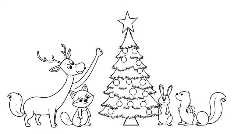 Página para colorear de animales adorables alrededor de un árbol de Navidad, incluyendo un ciervo, zorro, conejo, oso y ardilla.