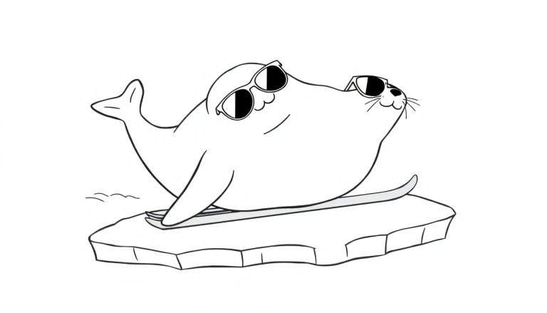 Una foca de dibujos animados con gafas de sol, recostada sobre un trozo de hielo y sonriendo.