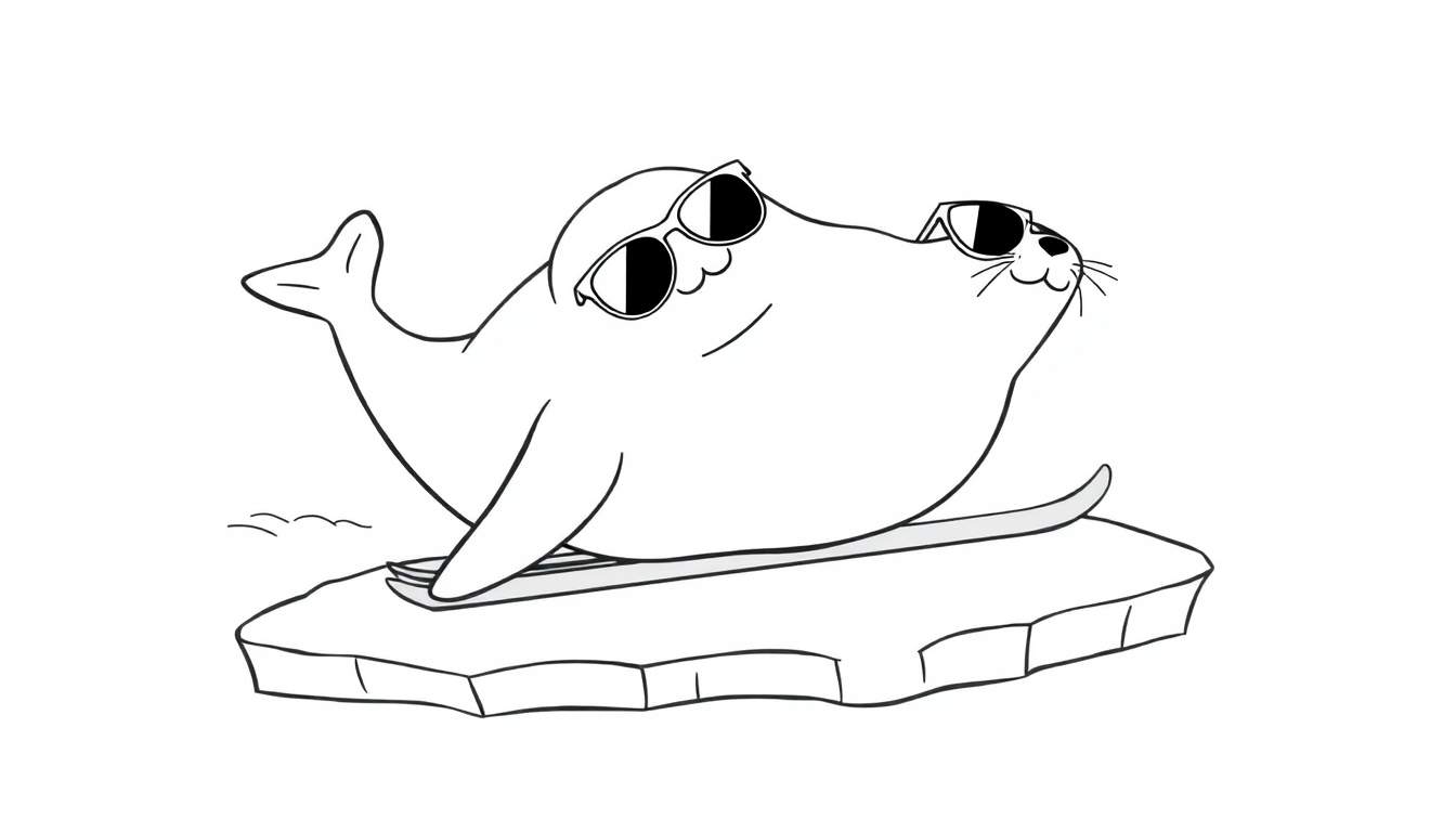 Una foca de dibujos animados con gafas de sol, recostada sobre un trozo de hielo y sonriendo.