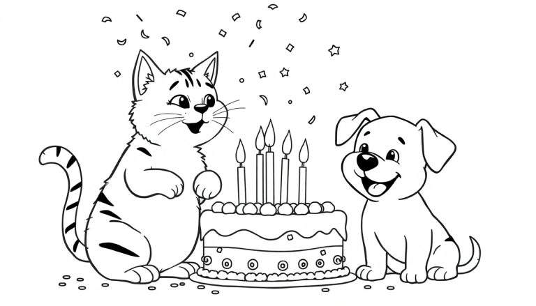 Dibujo para colorear de un gato atigrado y un cachorro de perro sonriendo alrededor de un pastel de cumpleaños con velas encendidas y confeti cayendo.