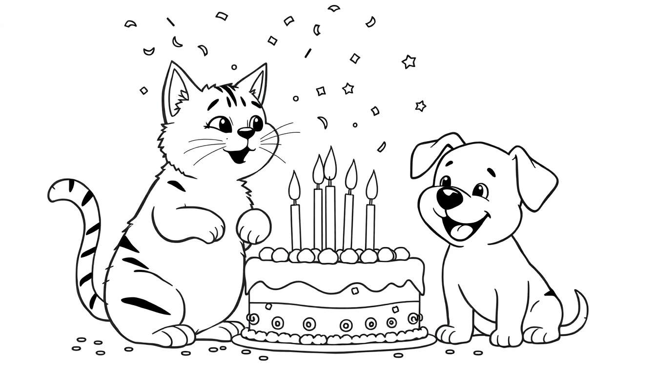 Dibujo para colorear de un gato atigrado y un cachorro de perro sonriendo alrededor de un pastel de cumpleaños con velas encendidas y confeti cayendo.