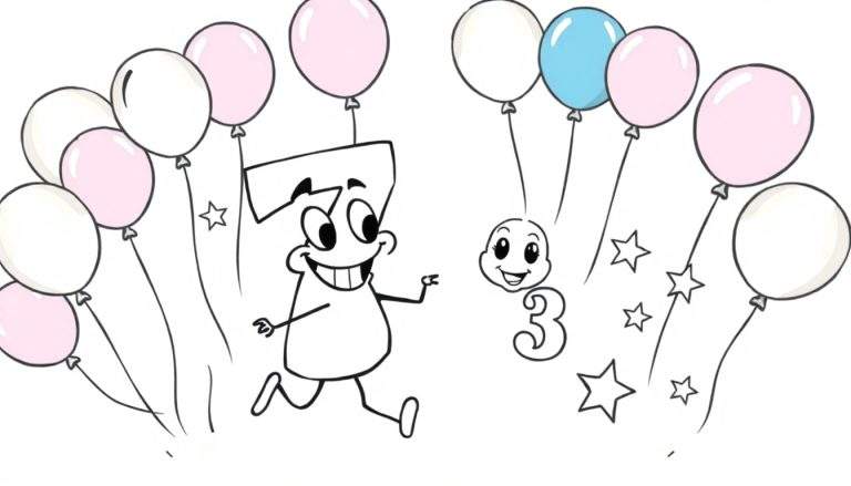 Página para colorear con globos de colores, un número 7 bailando, una cara sonriente y estrellas.