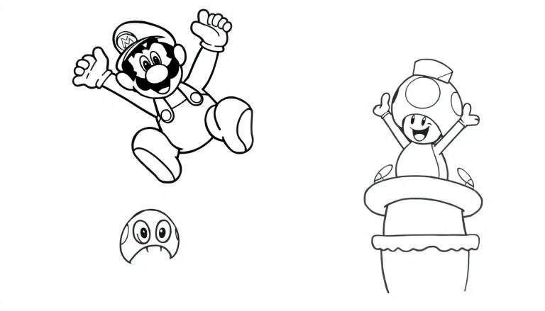 Página para colorear de los personajes de videojuegos Mario, Goomba y Toad. Mario salta en el aire, un Goomba está debajo de él y Toad emerge de un pastel a la derecha.