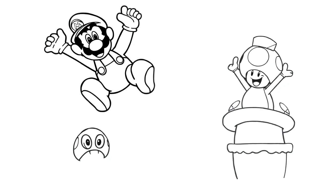 Página para colorear de los personajes de videojuegos Mario, Goomba y Toad. Mario salta en el aire, un Goomba está debajo de él y Toad emerge de un pastel a la derecha.
