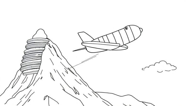 Dibujo lineal en blanco y negro de una montaña con una pila gigante de panqueques en la cima, y un cohete espacial caricaturesco volando en el cielo con un rayo hacia la montaña. Hay una pequeña nube en la esquina inferior derecha.