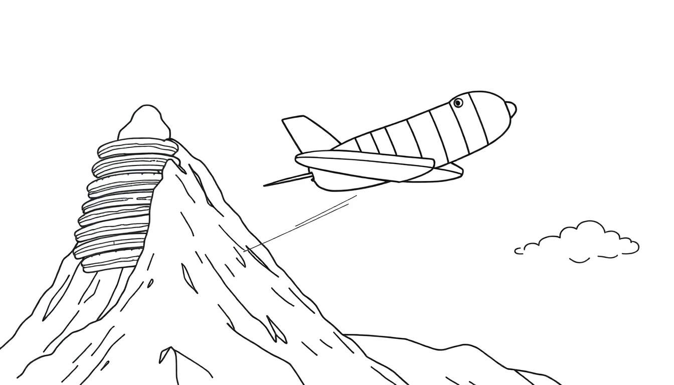 Dibujo lineal en blanco y negro de una montaña con una pila gigante de panqueques en la cima, y un cohete espacial caricaturesco volando en el cielo con un rayo hacia la montaña. Hay una pequeña nube en la esquina inferior derecha.