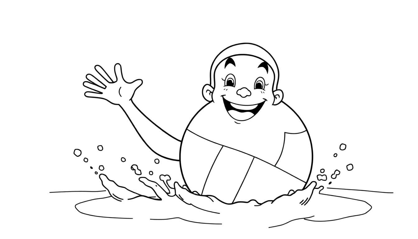 Página para colorear de un personaje caricaturesco nadando con una gran sonrisa y salpicaduras de agua.