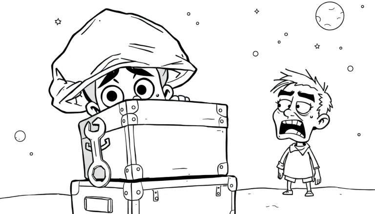Ilustración para colorear de dos niños asustados en un entorno nocturno o espacial, con maletas, un sombrero y elementos celestes.