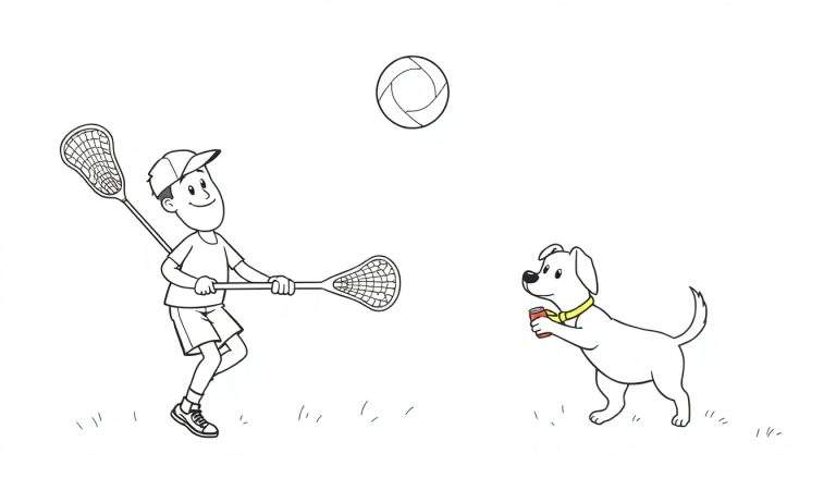 Imagen en blanco y negro de un niño jugando al lacrosse con su perro en un prado.