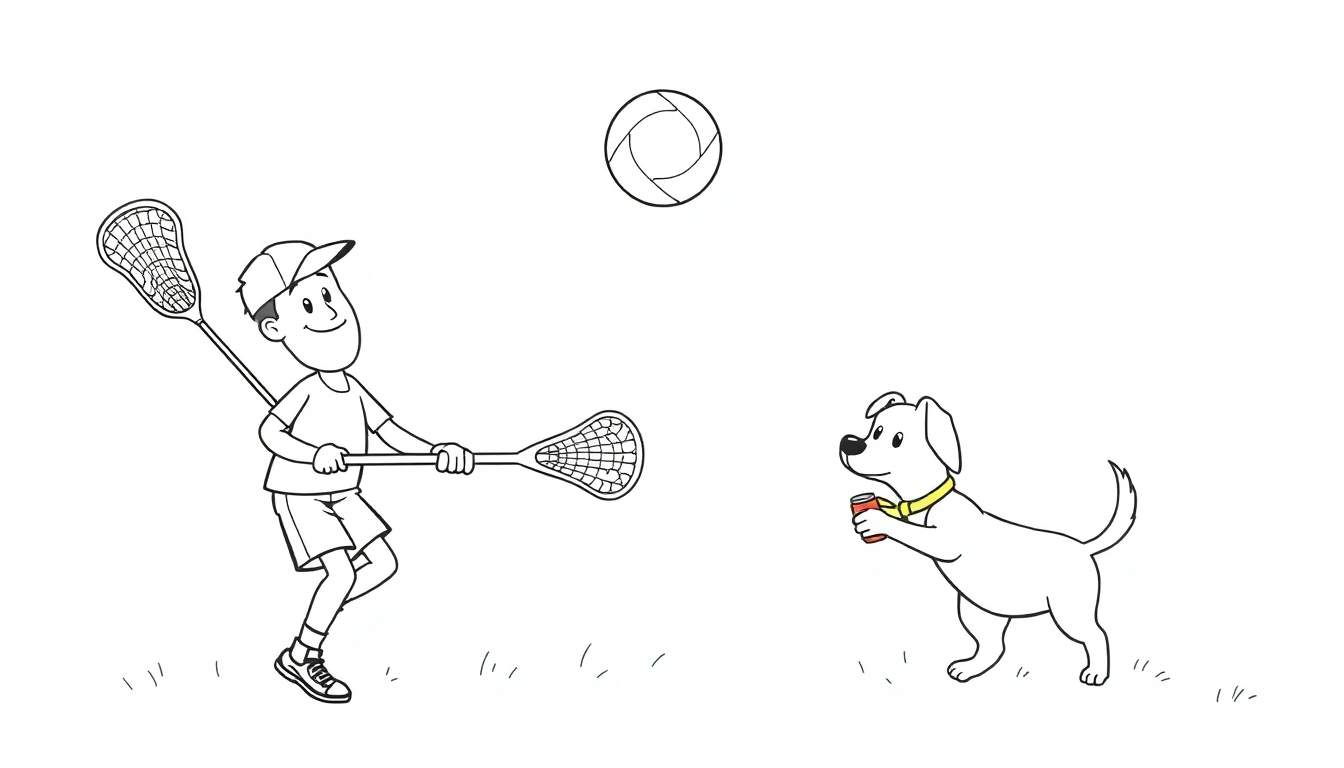 Imagen en blanco y negro de un niño jugando al lacrosse con su perro en un prado.