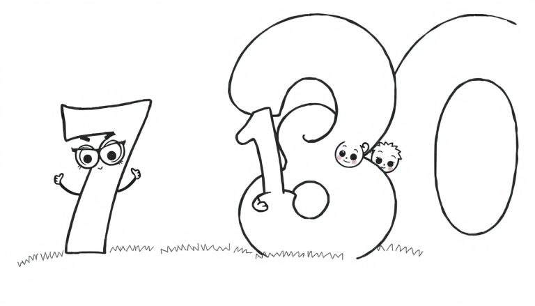 Página para colorear con el número 730. El número 7 es un personaje con gafas levantando el pulgar. Los números 3 y 0 están juntos, con dos caritas asomándose dentro del 3. Hierba en la base.