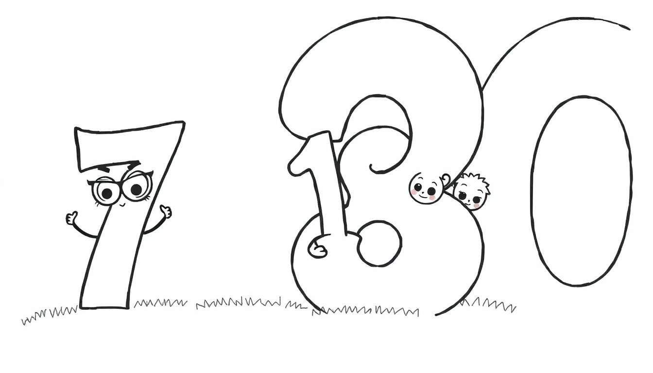 Página para colorear con el número 730. El número 7 es un personaje con gafas levantando el pulgar. Los números 3 y 0 están juntos, con dos caritas asomándose dentro del 3. Hierba en la base.