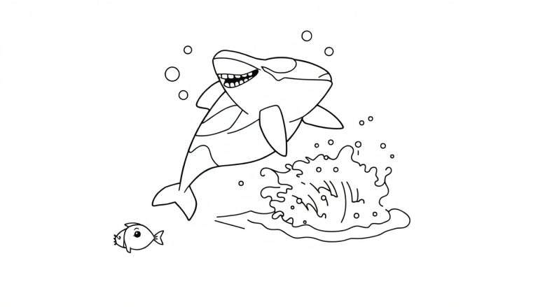 Dibujo lineal en blanco y negro de una orca feliz saltando fuera del agua, rodeada de burbujas y salpicaduras, con un pez pequeño nadando debajo, listo para colorear.