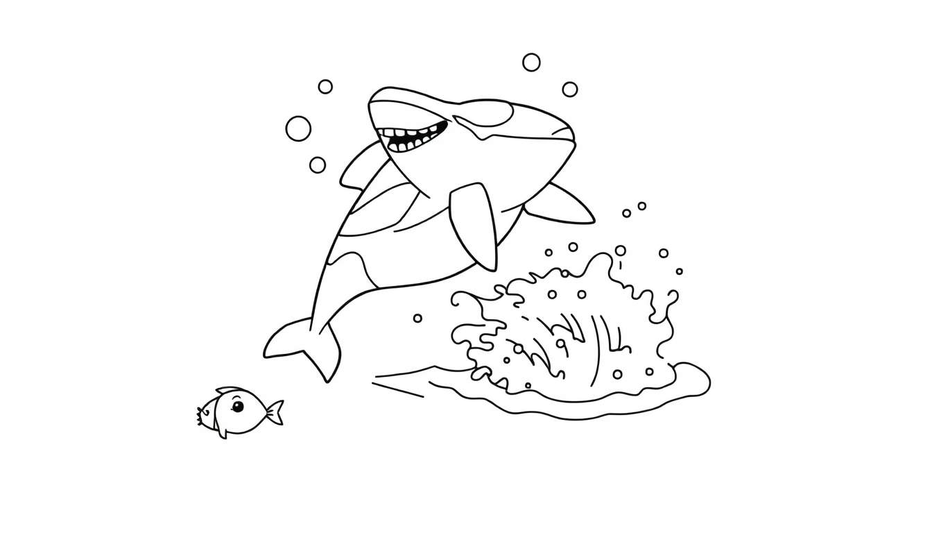 Dibujo lineal en blanco y negro de una orca feliz saltando fuera del agua, rodeada de burbujas y salpicaduras, con un pez pequeño nadando debajo, listo para colorear.