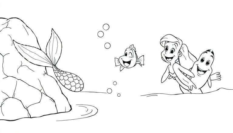 Página para colorear de la pequeña sirena y un pez flotando en el agua con burbujas y una criatura marina amigable.