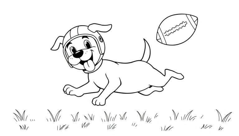 Página para colorear de un perro de caricatura feliz con casco de fútbol americano, corriendo en el césped para atrapar un balón de fútbol americano.