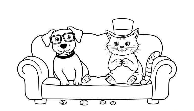 Dibujo lineal para colorear de un perro con gafas y collar sentado en un sofá junto a un gato con sombrero de copa. Galletas en el suelo.