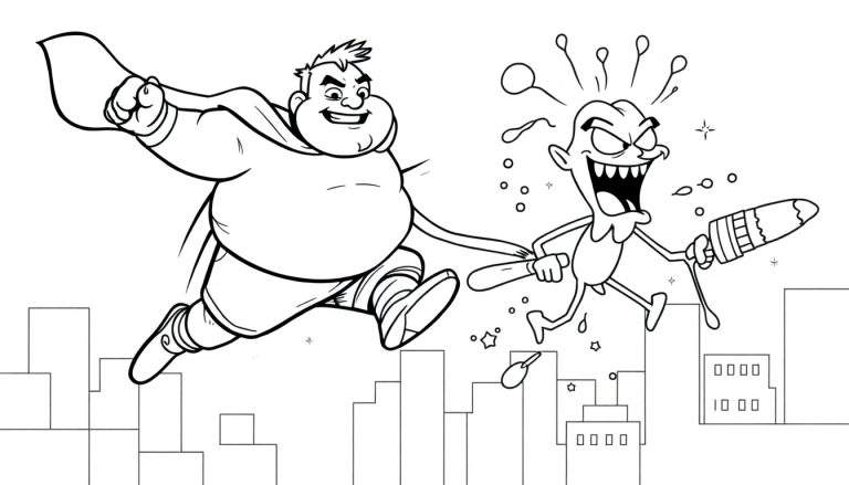 Ilustración en blanco y negro para colorear de un superhéroe persiguiendo a un personaje travieso en una ciudad.