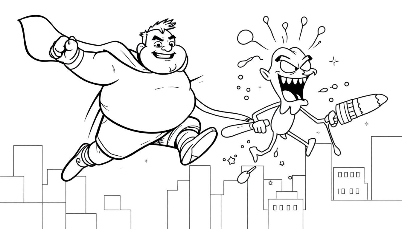 Ilustración en blanco y negro para colorear de un superhéroe persiguiendo a un personaje travieso en una ciudad.