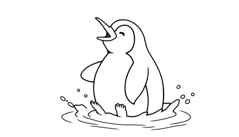 Dibujo de contorno de un pingüino feliz con el pico abierto y los ojos cerrados, chapoteando en el agua con burbujas alrededor.