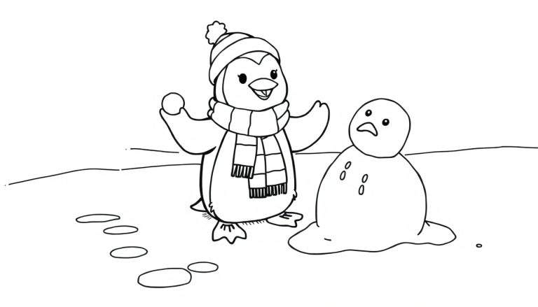 Dibujo a blanco y negro de un pingüino con gorro y bufanda, sosteniendo una bola de nieve, junto a un muñeco de nieve que se derrite y parece triste. Hay huellas de pingüino en el suelo.