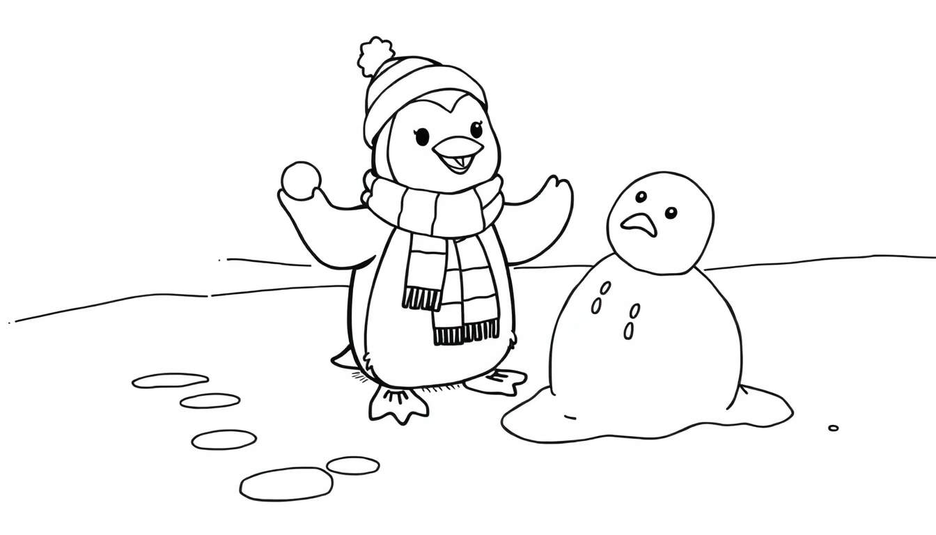 Dibujo a blanco y negro de un pingüino con gorro y bufanda, sosteniendo una bola de nieve, junto a un muñeco de nieve que se derrite y parece triste. Hay huellas de pingüino en el suelo.