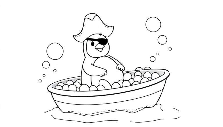 Imagen de un pingüino de dibujos animados con sombrero de pirata y parche en el ojo, sentado y sonriendo en una bañera llena de burbujas.