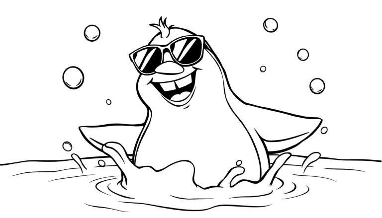 Dibujo lineal en blanco y negro de un pingüino sonriente con gafas de sol salpicando agua, rodeado de burbujas.