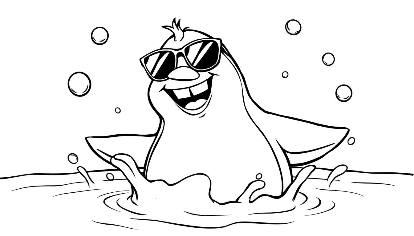 Dibujo lineal en blanco y negro de un pingüino sonriente con gafas de sol salpicando agua, rodeado de burbujas.