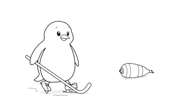 Dibujo lineal en blanco y negro de un pingüino de dibujos animados con patines y palo de hockey, preparado para golpear un disco con forma de pez.