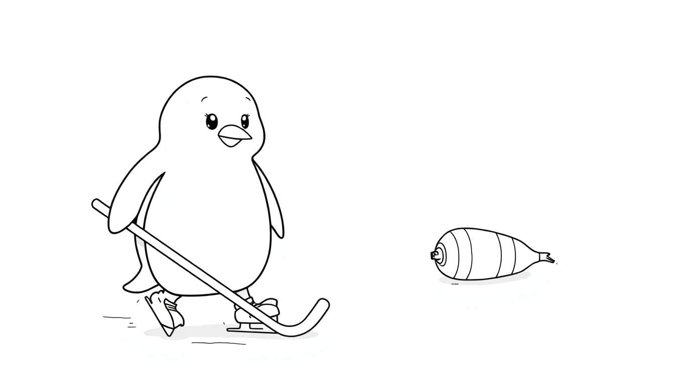 Dibujo lineal en blanco y negro de un pingüino de dibujos animados con patines y palo de hockey, preparado para golpear un disco con forma de pez.