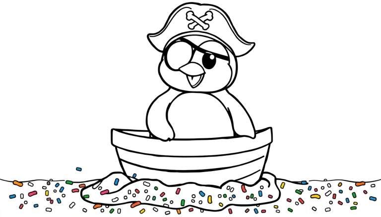 Ilustración para colorear de un pingüino pirata con sombrero y parche en el ojo, flotando en un bote rodeado de confeti.