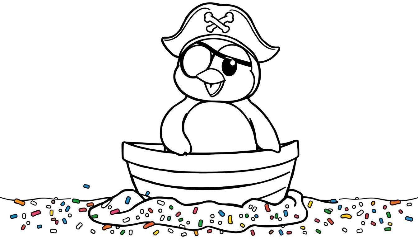 Ilustración para colorear de un pingüino pirata con sombrero y parche en el ojo, flotando en un bote rodeado de confeti.