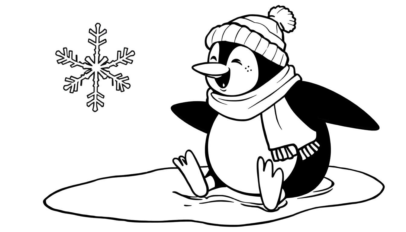 Dibujo de un pingüino de dibujos animados riendo sentado en un trozo de hielo con un gorro y bufanda, junto a un copo de nieve.