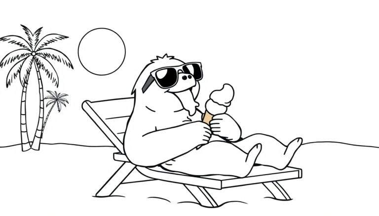 Dibujo lineal en blanco y negro de un personaje peludo con gafas de sol, comiendo un helado en una tumbona en una playa tropical, con palmeras y un sol al fondo.