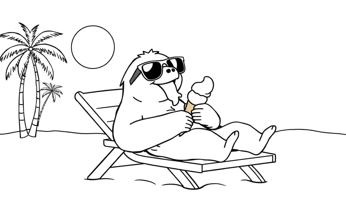 Dibujo lineal en blanco y negro de un personaje peludo con gafas de sol, comiendo un helado en una tumbona en una playa tropical, con palmeras y un sol al fondo.