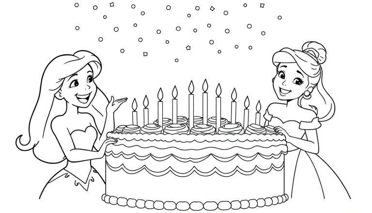 Dibujo en blanco y negro de dos princesas sonriendo junto a un gran pastel de cumpleaños con velas y cupcakes, mientras cae confeti.