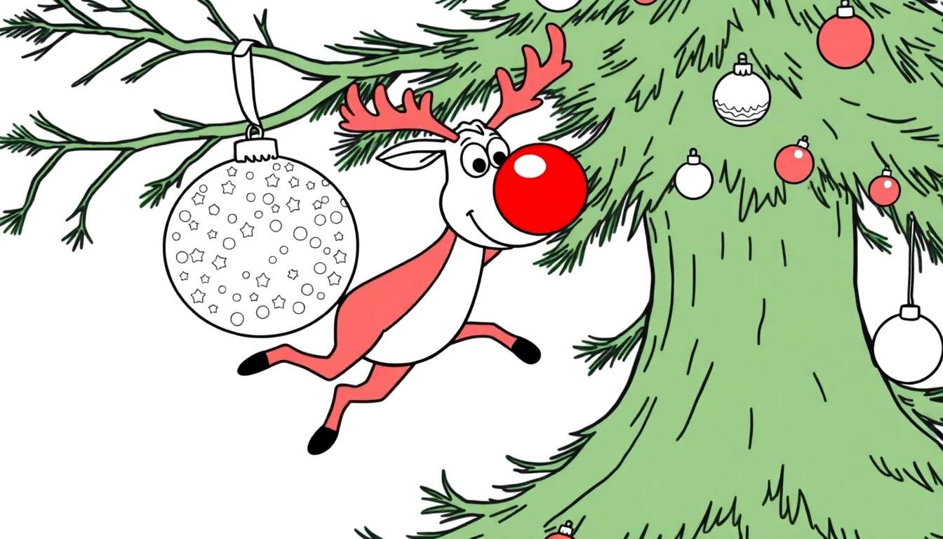 Imagen para colorear de un reno de dibujos animados con nariz roja y astas rojas colgando de un árbol de Navidad verde decorado.