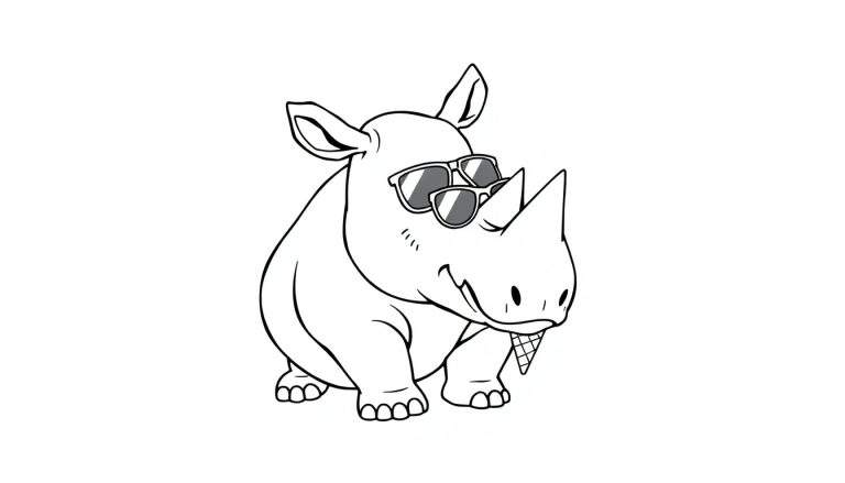 Dibujo lineal de un rinoceronte con gafas de sol y un cono de helado, listo para colorear.